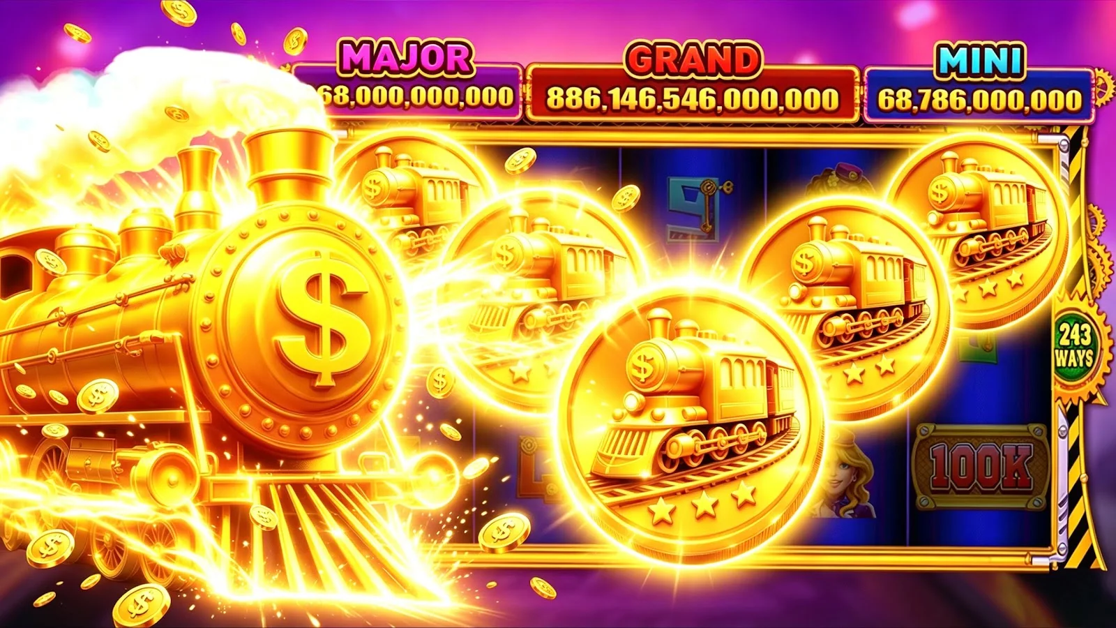 Golden trains chasing Major, Grand and Mini jackpots