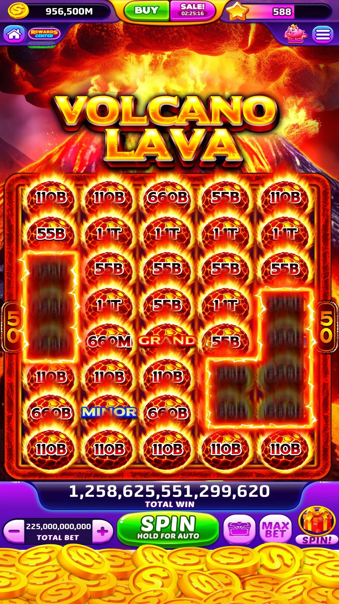 Volcano Lava bonus board full of prizes