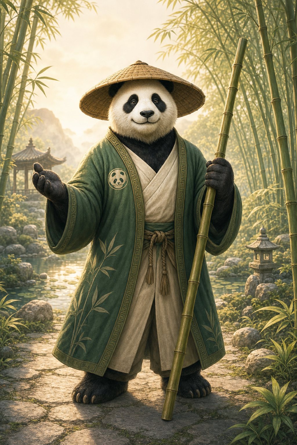 Panda mascot in a straw hat welcoming you to the garden